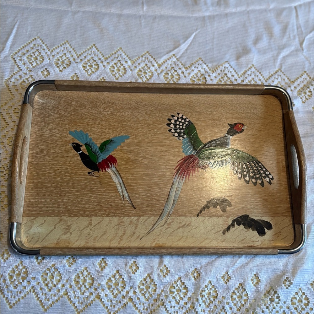 Vintage Wooden Tray with Bird Design